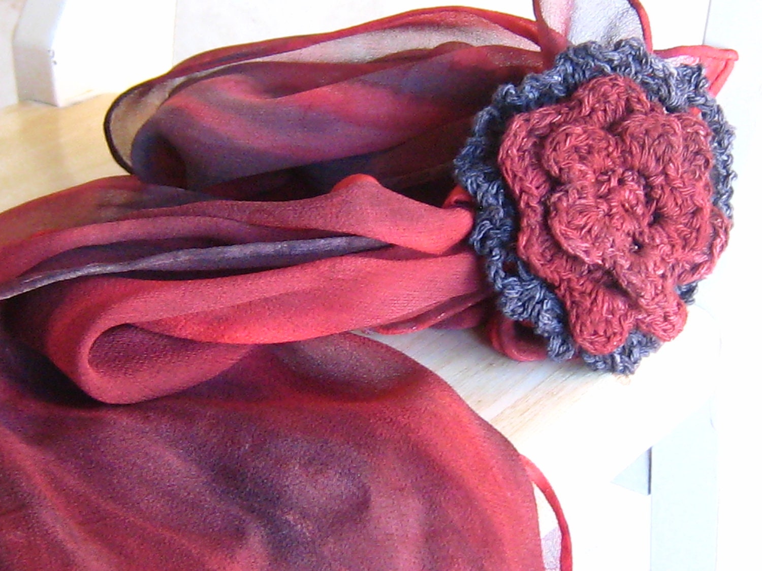 Scarf wearing versatility pink purple blue silk crochet  hand painted silk chiffon