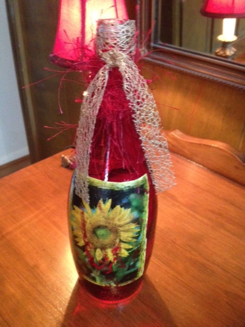 Shabby Chic Sunflower Photo Transfer Art Decorative Bottle
