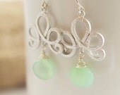 Chalcedony Dangle Earrings, Green Chalcedony Earrings with Silver Tiara