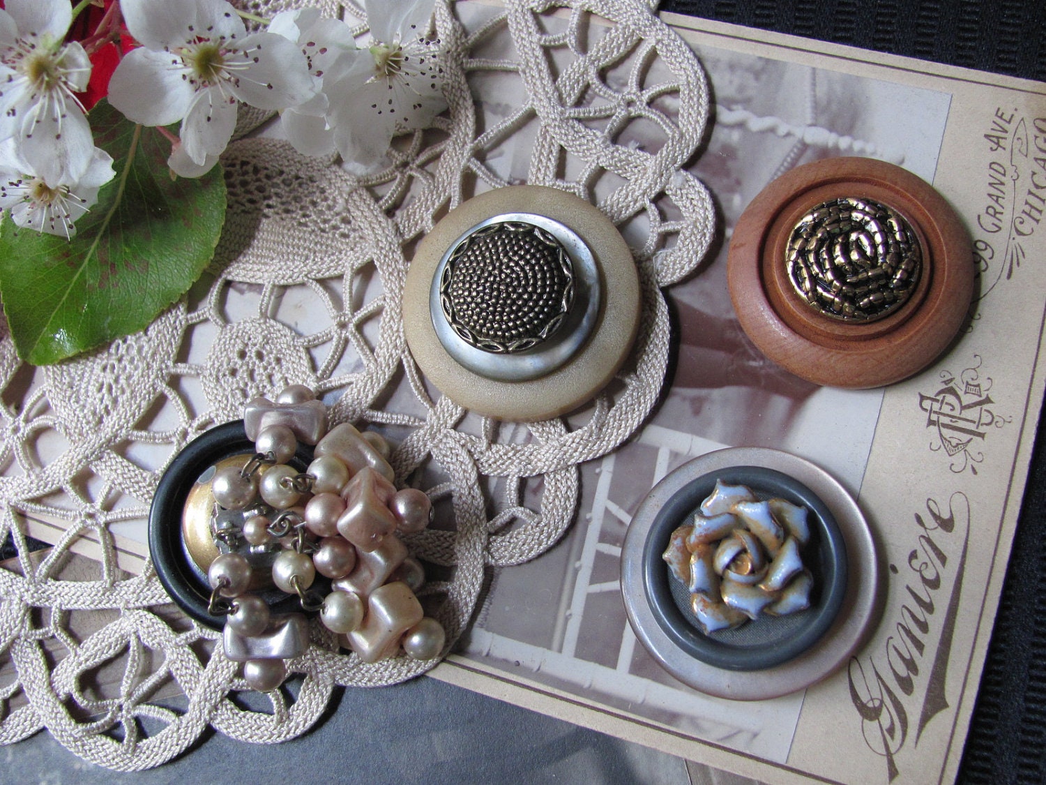 Handmade Antique Button Vintage Earring Refrigerator Magnet Set of 4