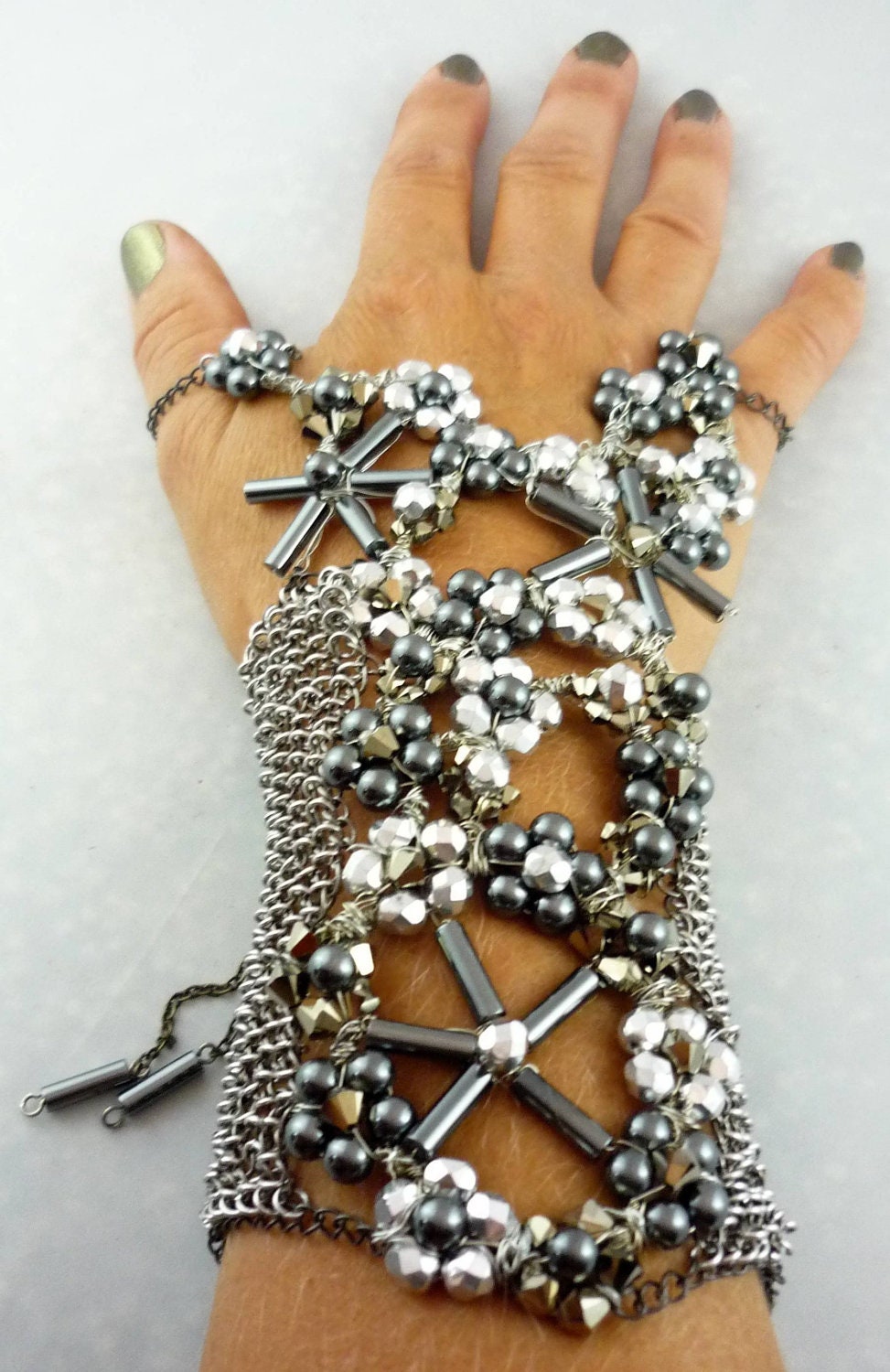 Robotic Take Over Version Beta - Cufflet with Crystal Flowers, Chainmaille, Corset Style Lacing Closure