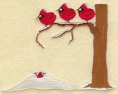 Cardinals on Branch with Snowpile - Embroidered Linen Kitchen Towel with YOUR CHOICE of Colored Border - EmbroideredbySue