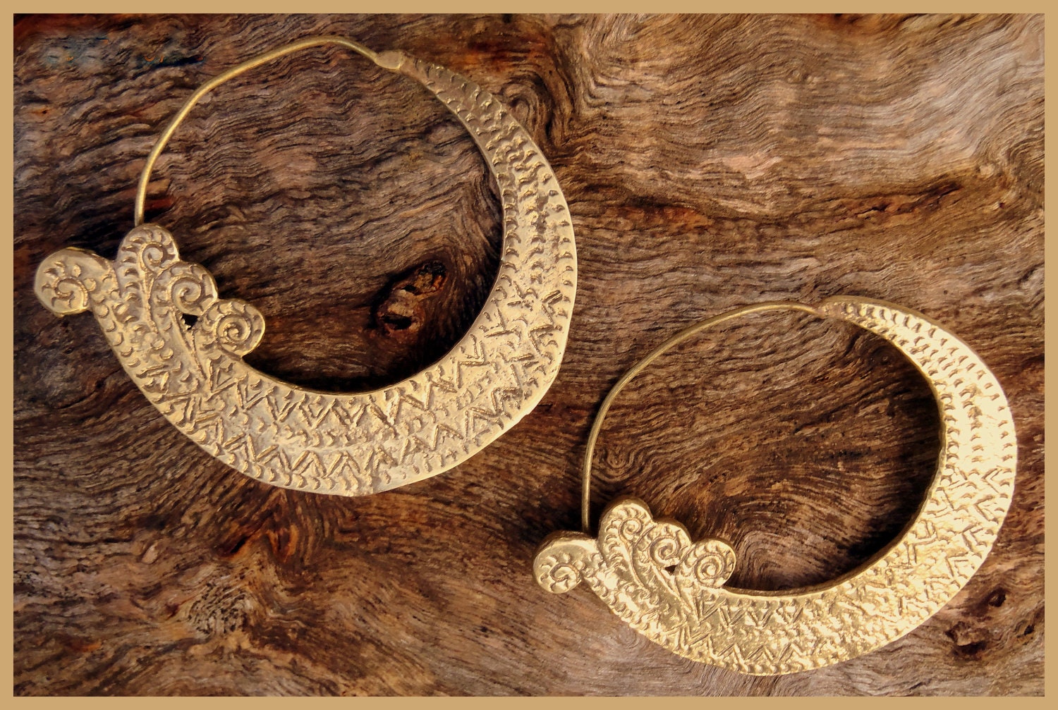 Water Nymph- Hand crafted Brass Gypsy Hoop Earrings (tribal,goddess,festival,ethnic,gold,faerie,fairy,pixie,goa,indian,fairtrade,unique)