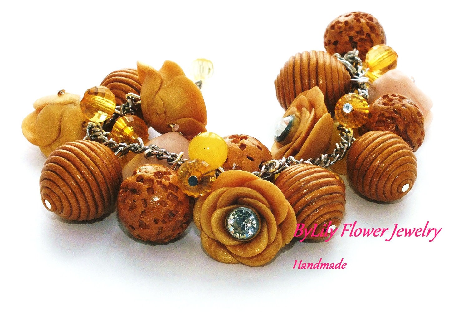 Golden Charm Beaded Polymer Clay Bracelet "Roses with rhinestones"