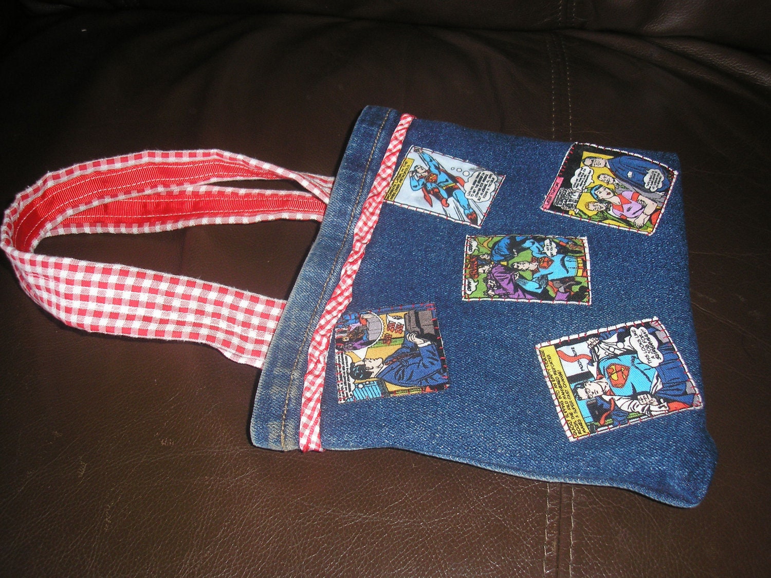 Handmade upcycled Jeans handbag/ small tote bag/purse. Superman. comic style. hand stitched applique. Geek Chic. SALE
