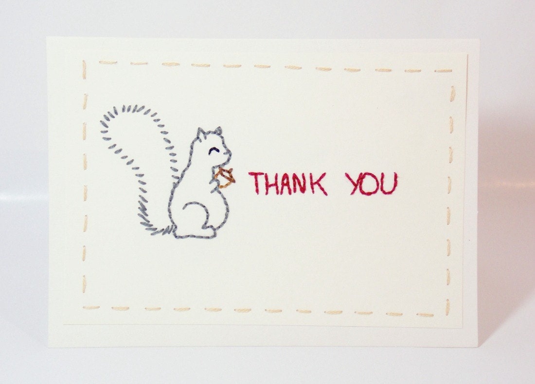 Hand Embroidered Thank You Card Squirrel Acorn Nut Cute Woodland Creatures Forest Friends Sweet Happy
