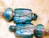 Earrings womens jewelry pierced turquoise blue silver foil lamp glass dangle silver wire wrapping Swarovski gems TAGT tenX