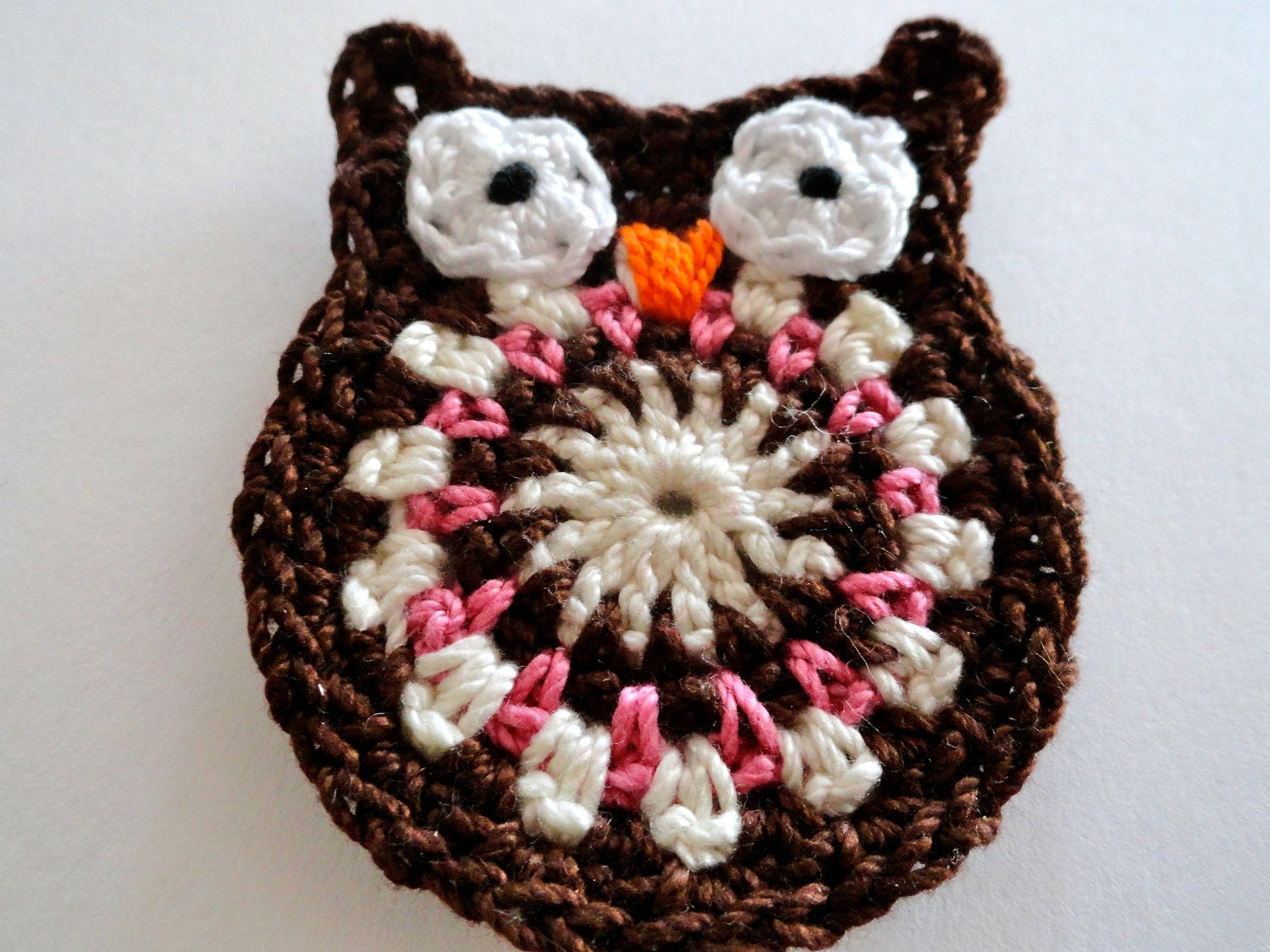 Brown and Pink Crochet Owl Applique