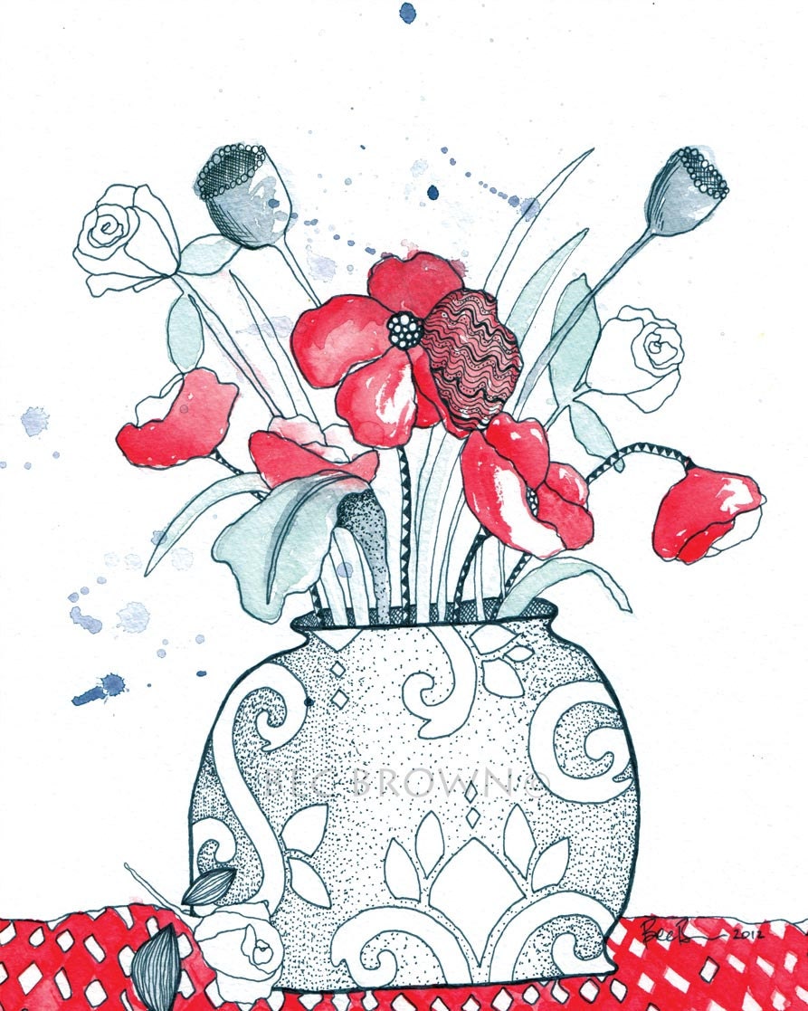Wild flower vase Watercolour Zentangle Art Drawing 8x10" Print (unframed)