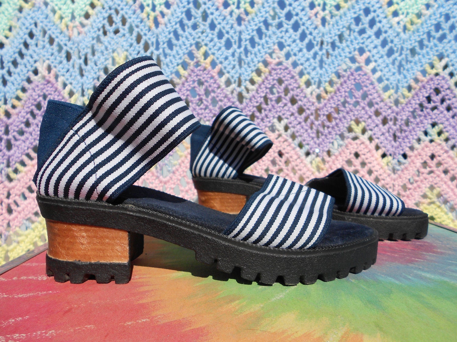 Vintage 90s Navy White Stripped Elastic Strap Chunky Heel Platform Sandals Grunge Americana Size US 7