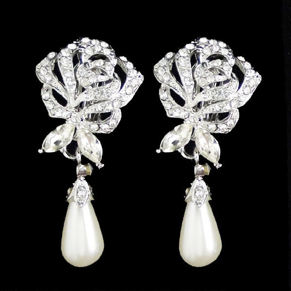 Vintage Inspired Swarovski Crystal, Bridal Pearl Earrings, Wedding Rose Flower Earring, Clear Rhinestone, Clip-on Dangle Earring-110131275