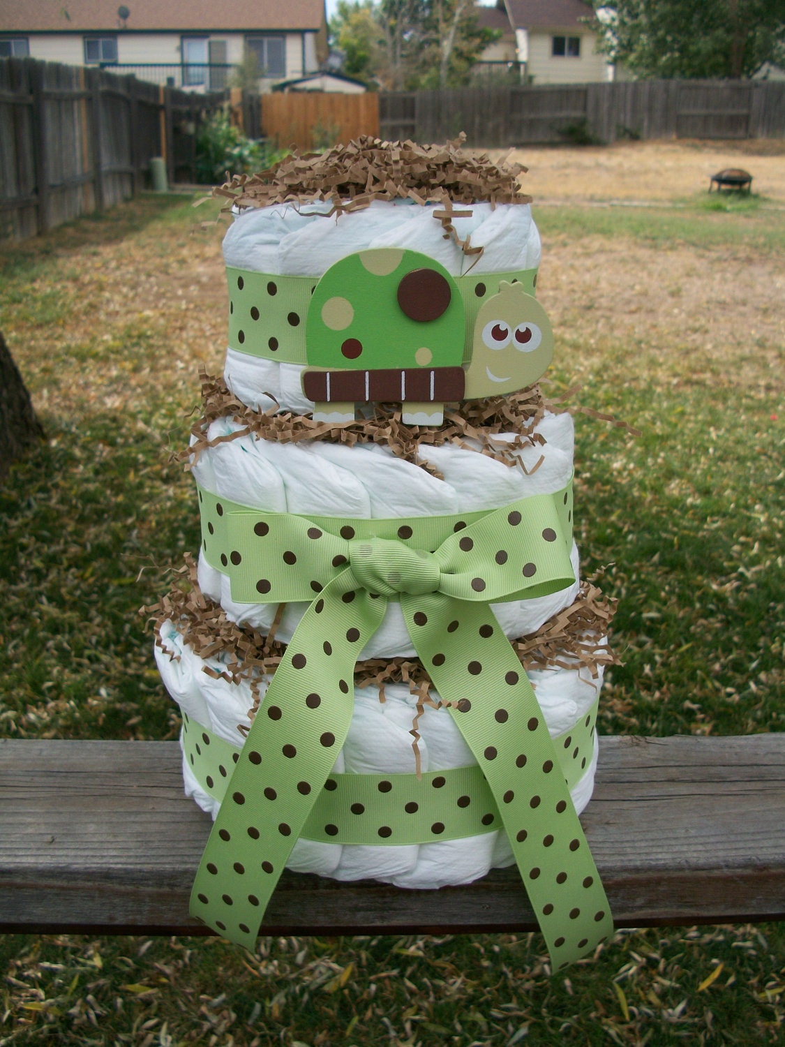ADORABLE DIAPER CAKE - Baby Boy or Baby Girl - 3 tier handmade diaper cake green and brown turtle