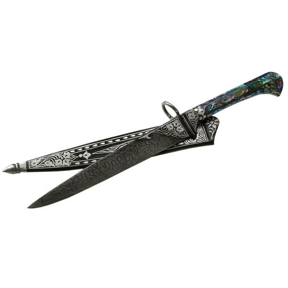 Abalone Damascus Indo Persian Knife - Genuine Silver Work Iron Sheath
