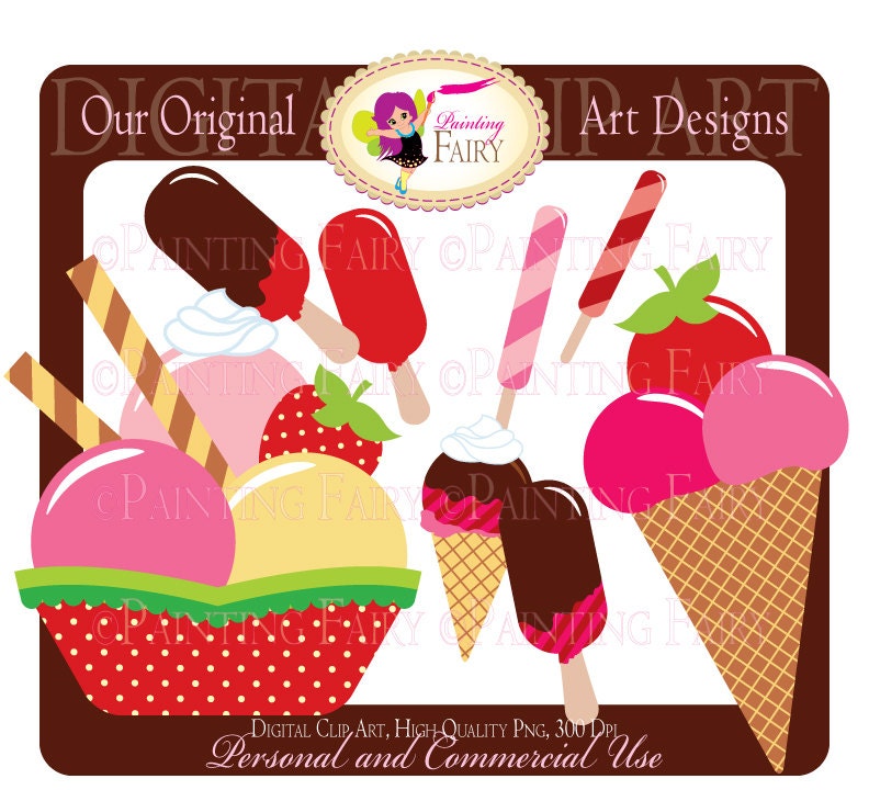 Sweet Strawberry Ice Cream Popsicle Digital Clipart Chocholate Vanilla colors clip art designer element Personal & Commercial Use pf00031-2