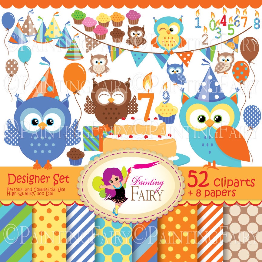 Big Collection Birthday Boy Owls Digital clipart set Cute owl clip art Boys fun bunting cupcake cake hat Party digital elements pf00036-2