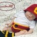 Baby CROCHETED FIREMAN Hat, Diaper Cover & Boots 4 pc Set Red, Black and Gold FD Shield