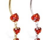 14K Solid Gold belly ring with Ruby triple heart stone dangle, Yellow or White gold. Free Shipping