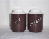 Vintage SALT & PEPPER SHAKERS, Brown and White with White Lettering - ShopOfCraftsByMyrna
