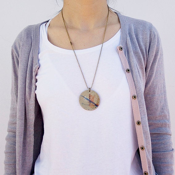 Blue and orange pendant. Stoneware necklace.