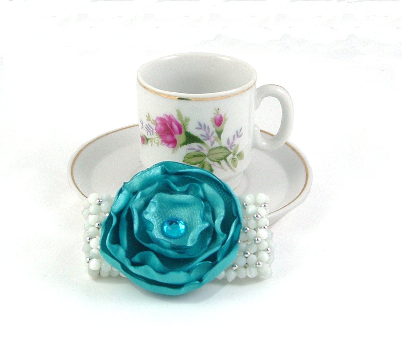 Aqua Flower Fabric Bracelet, Unique Jewelry