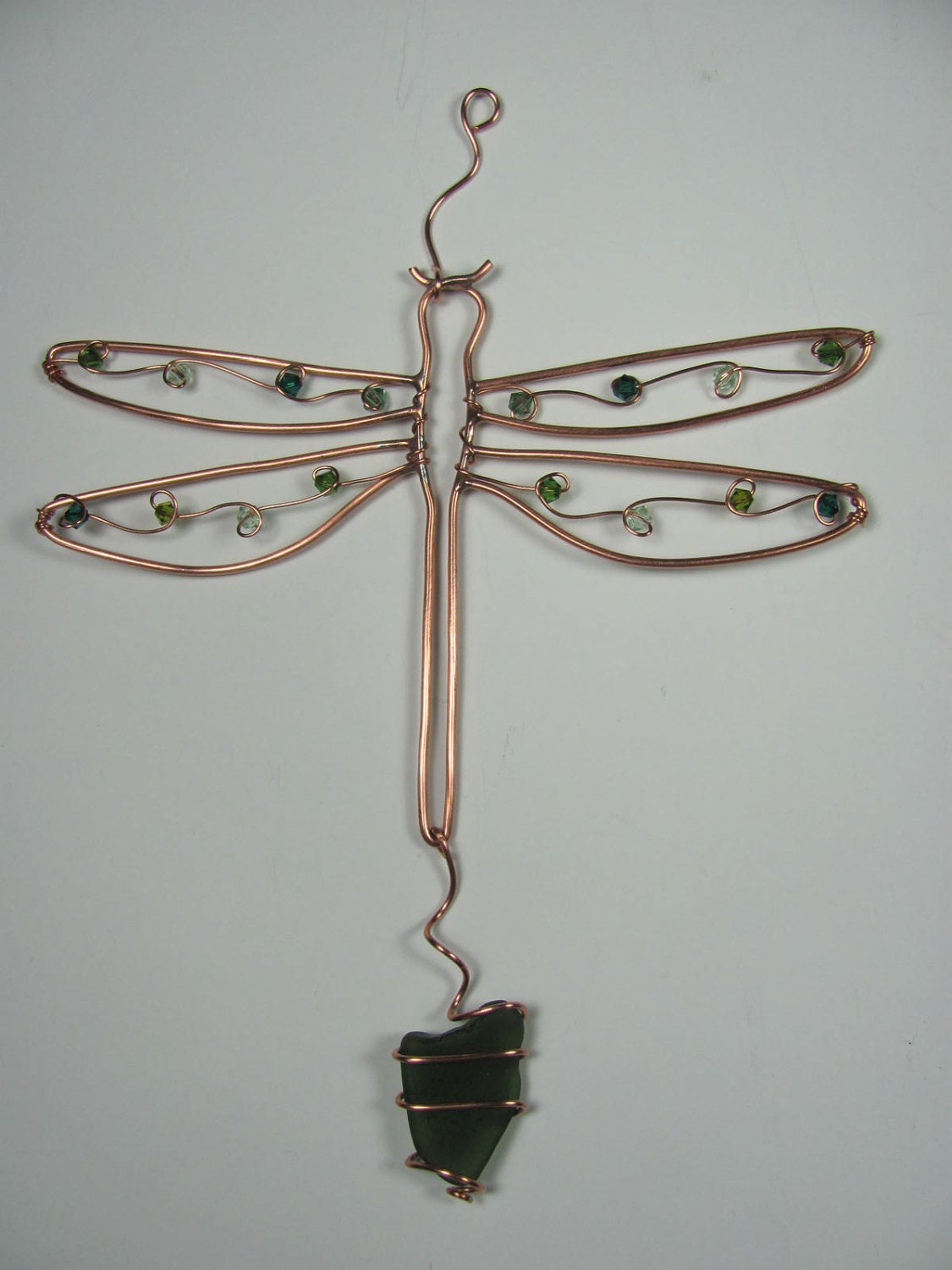 Copper wire dragonfly Christmas ornament or suncatcher, genuine seaglass and Swarovski crystals - upcycled - great holiday gift - metamorphosea