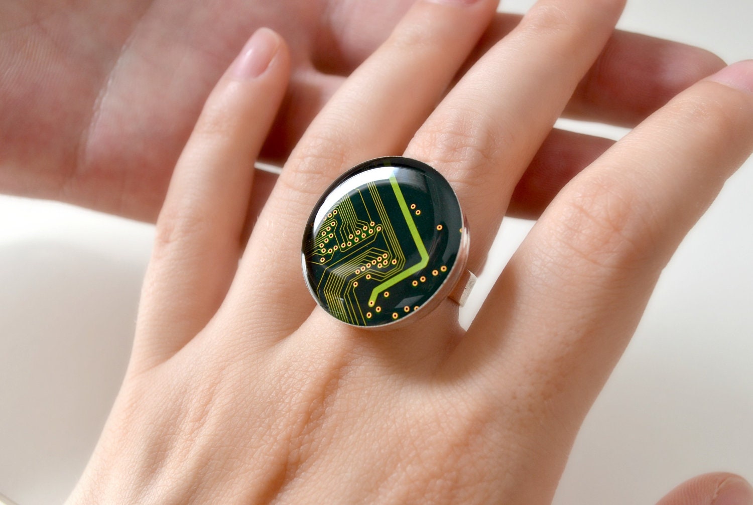 urban black ring, valentine's day, electronic part jewelry, constellation, night sky, bold, statement jewelry, gold sparkles and green lines