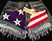 Levis 501 button fly High waist destroyed denim shorts super frayed with US flag and studs size Small