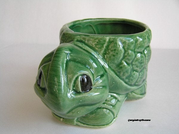 Vintage Turtle, ceramic, green, child or nursery, home decor, candle holder, planter, too cute