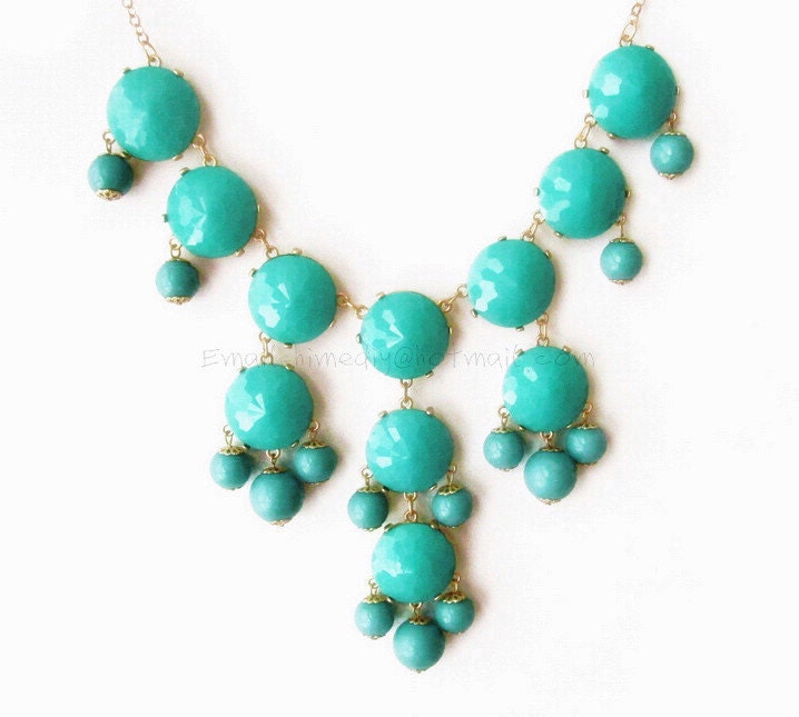 Turquoise (F) - Big Size Faceted Bubble Statement Necklace - Gold Tone