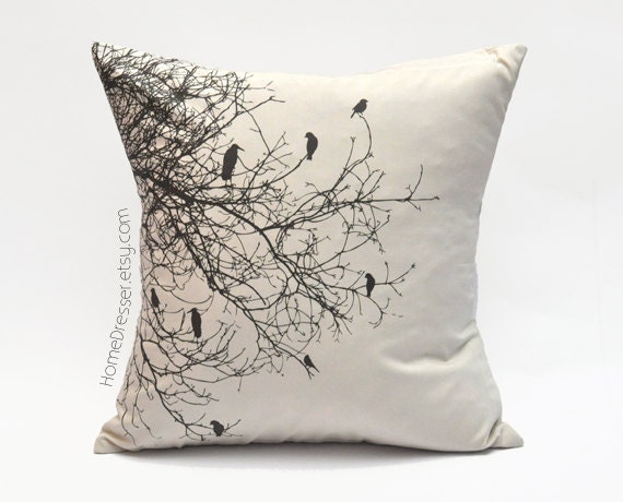 Natural beige pillow case birds on tree silhouette 18x18 hand screen printed cotton