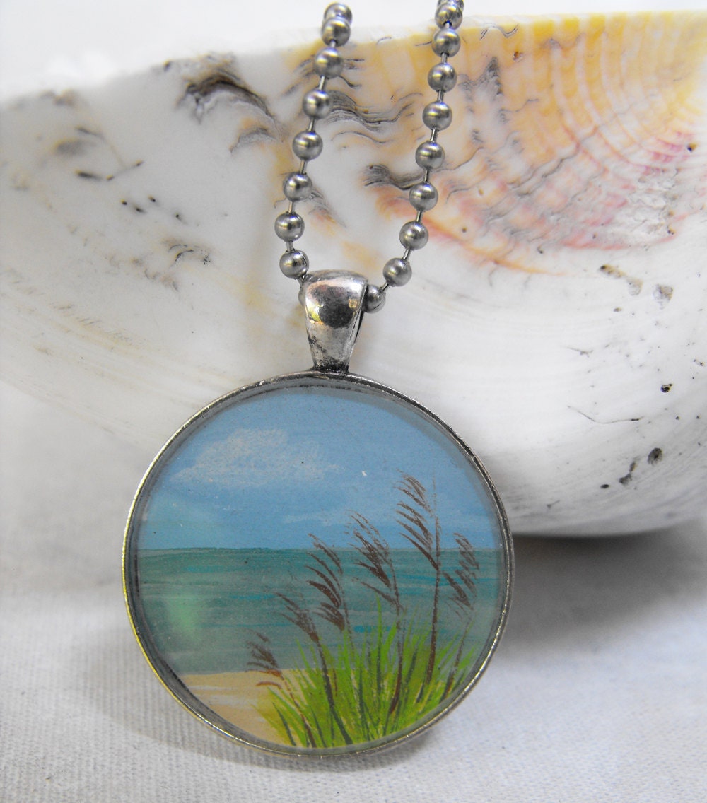 Hand Painted Pendant Sea Oats by the Ocean Necklace with Chain - One of a Kind Original Wearable Art
