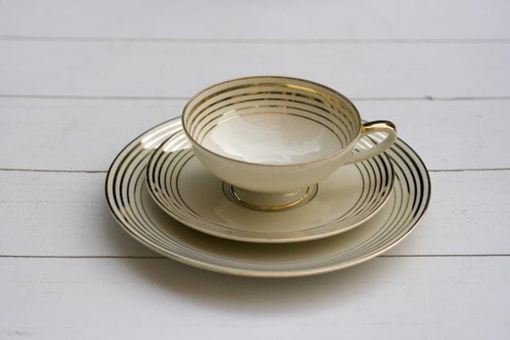 RESERVED for Erin Meez Vintage Circa 1950s Teacup and Saucer Trio Set Gild Stripes on Cream