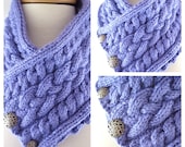 Womens Lavender Blue Triple Cable Button Neck Warmer Scarf Cowl Custom Order