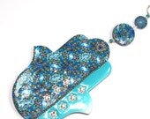 Wall decor Hamsa, Good fortune Hamsa in blue, white, turquoise with small red and yellow dots, Polymer clay Hamsa, unique Hamsa design