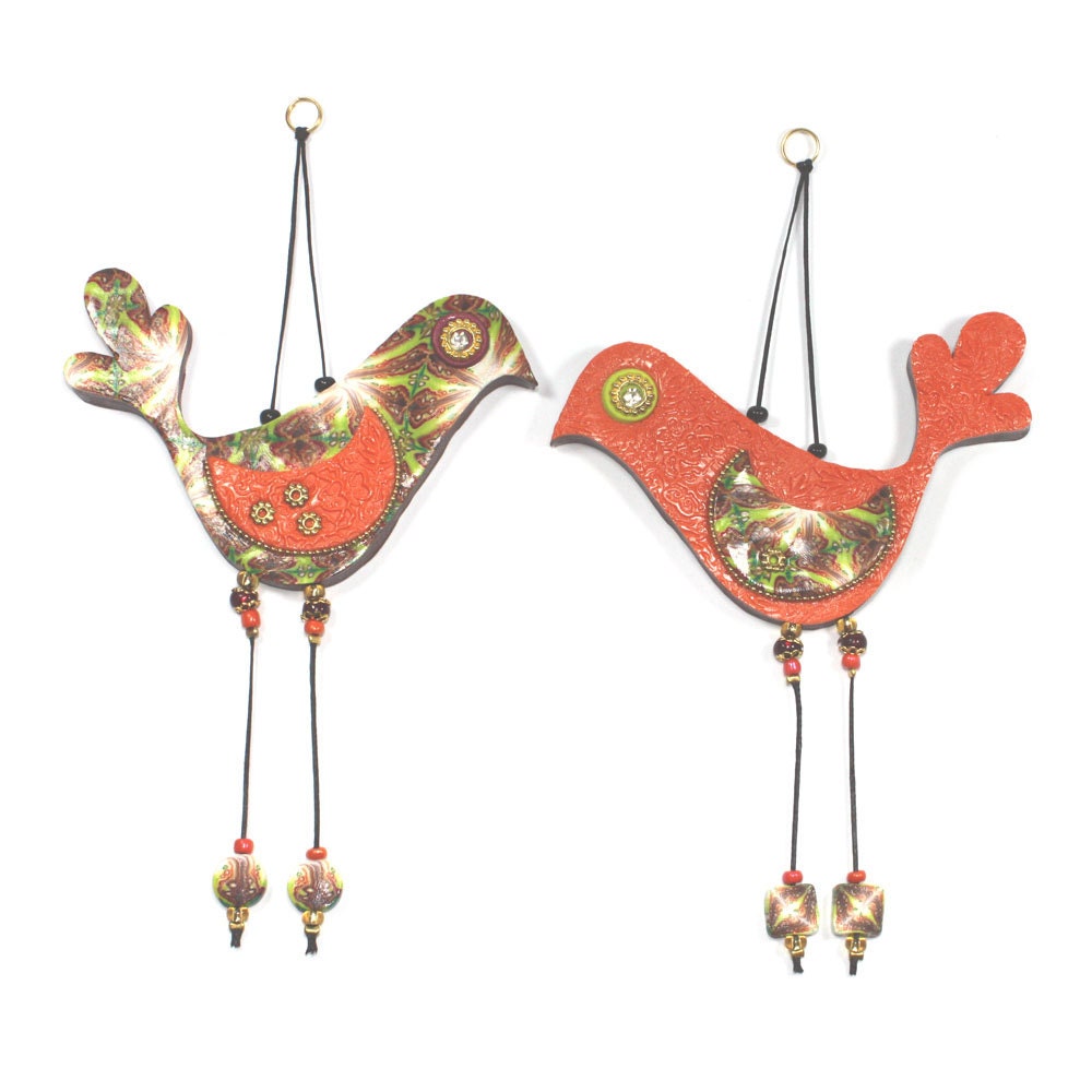 Love birds, elegant wall decor love birds, Handmade Polymer clay birds, Bird couple in maroon, green, orange, gold and red, romantic pair
