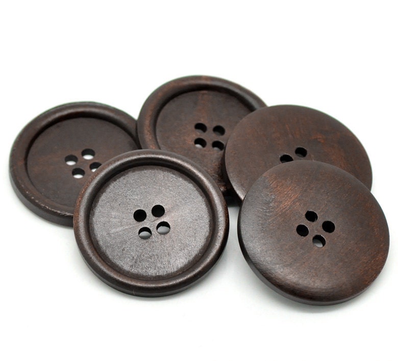 6 Round Extra Large Wood Button Four Hole Dark  Brown Colour 40 mm (1-5/8") Coat Button Sweater Button  - 6 Pack