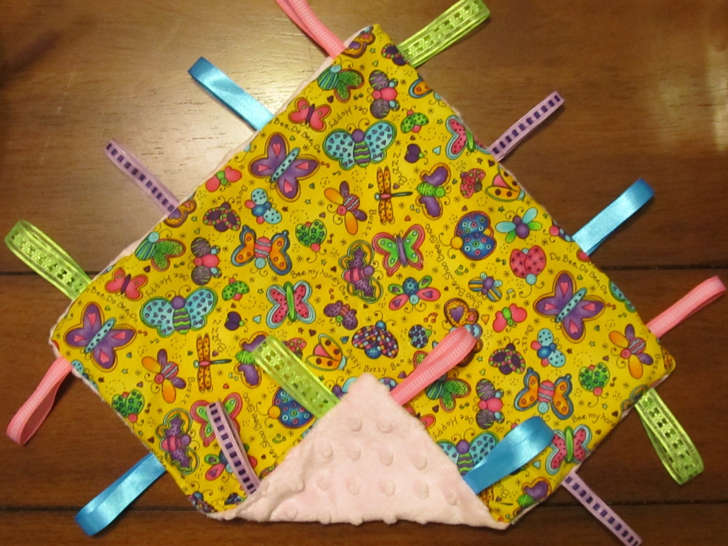 SALE Butterfly & Bug Print with Pink Back - Taggie Blanket