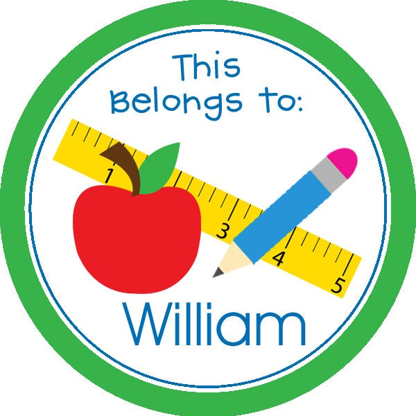 Personalized Name Tag Stickers - Green Teacher Apple Ruler Pencil Name Label Sticker - 2 in Round Sticker Tags - Back to School Name Labels