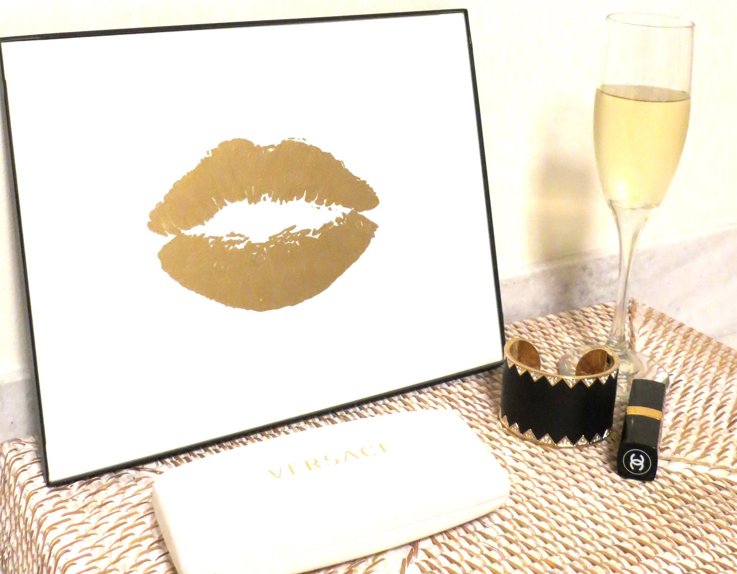 Art Framed Gold Print "24K Lips Kiss" Stylish Gold and White Painting by Jennifer Latimer