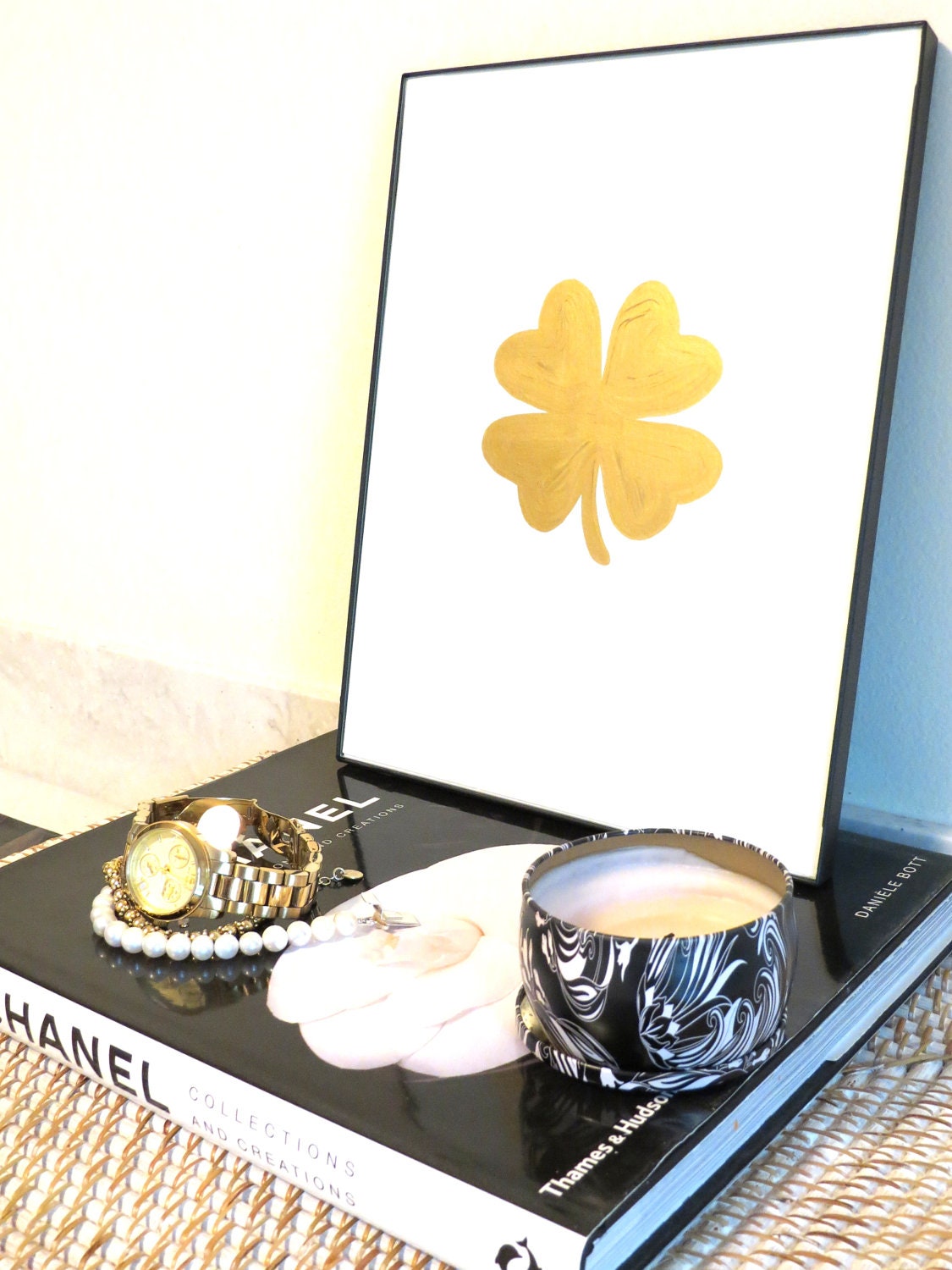 Art Print 24K Gold Four Leaf Clover Print Original Fine Art Painting and Lucky Charm