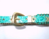 Vintage Hand Tooled Turquoise and Gold Leather Belt Size 26. 1960s-1970s Southwestern
