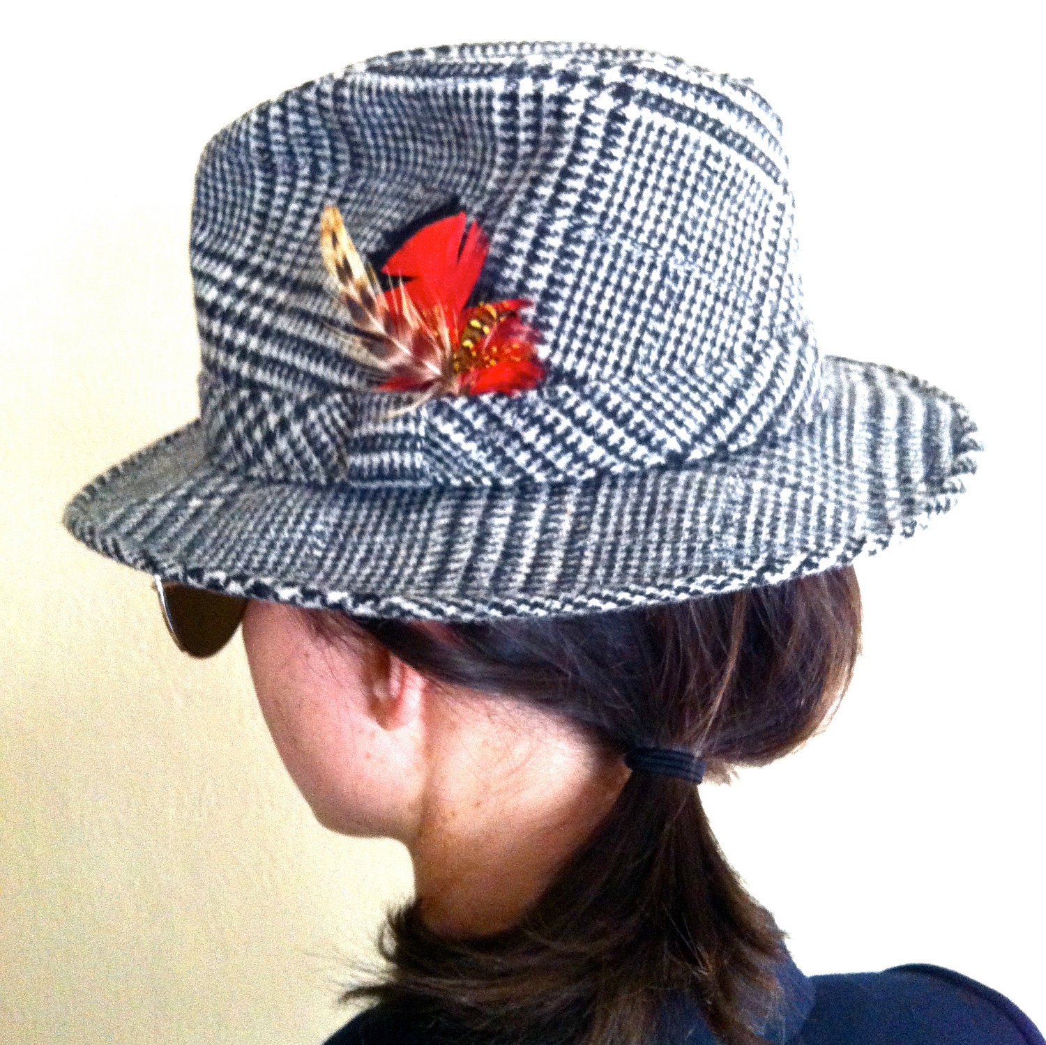 SALE Stetson Tweed Fedora - Feathers / Size XS - Small / Houndstooth / Wool / Hat / Brimmed hat / cap