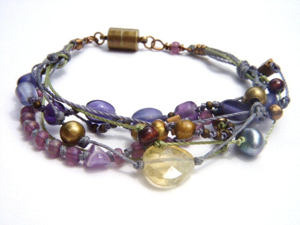 Multistrand Multicolored Gypsy Bohemian Style Beaded Bracelet Purple Gray Green Blue Brass Bracelet Quartz Bracelet