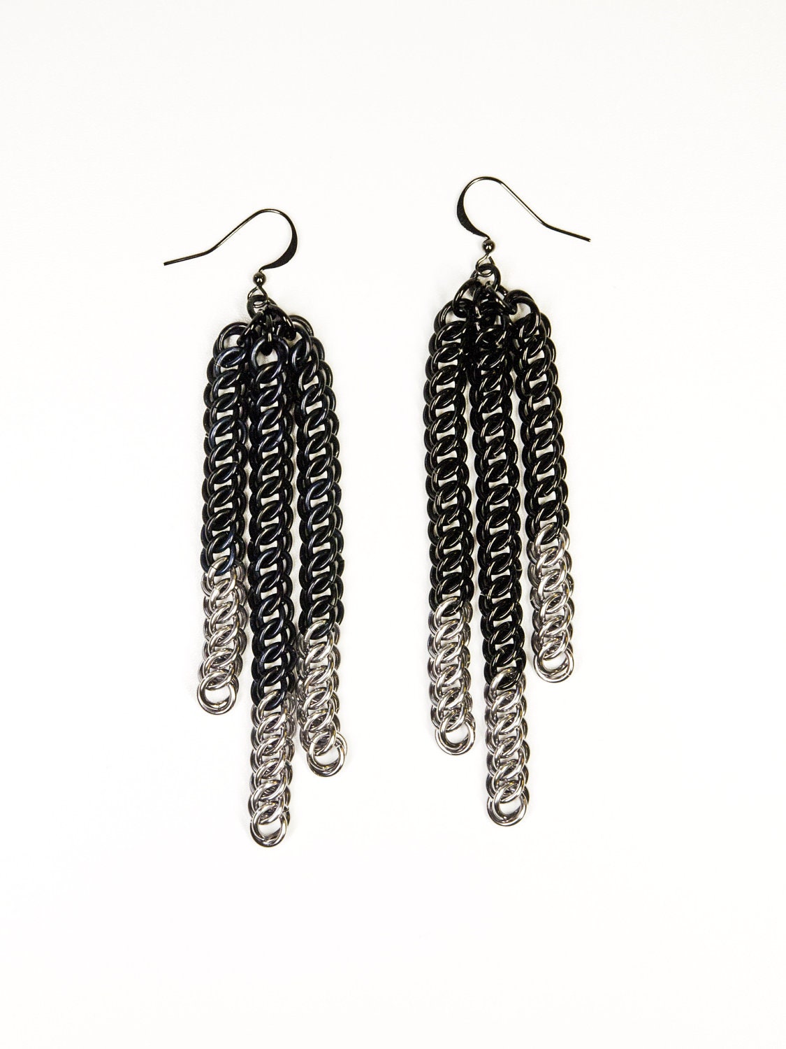 Black Chainmaille Fringe tassel dipped in gunmetal earrings