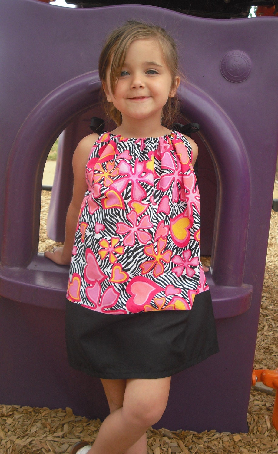 Pillowcase Style Sundress Zebra Print with Pink Hearts and Flowers  2T & 4T Two of a Kind