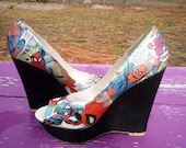 Spiderman - Marvel Comic Book Wedges with Black Glitter Heel - Comic Book Heels - Comic Book Shoes