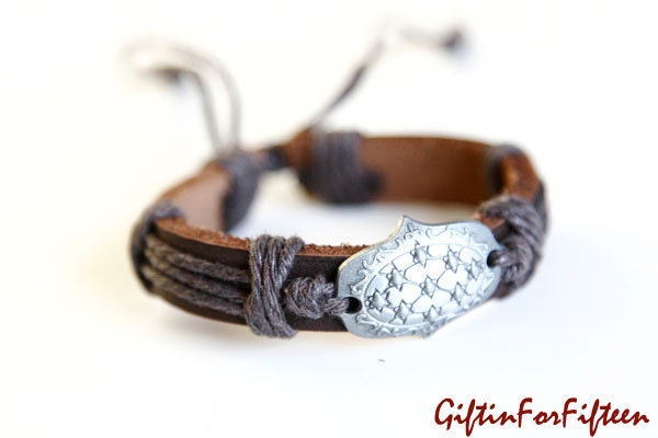 Shield - Genuine Dark Brown Leather Bracelet Bangle With Waxed Cord Vintage Style OOAK Gifts For Under Fifteen Dollars by Giftin For Fifteen
