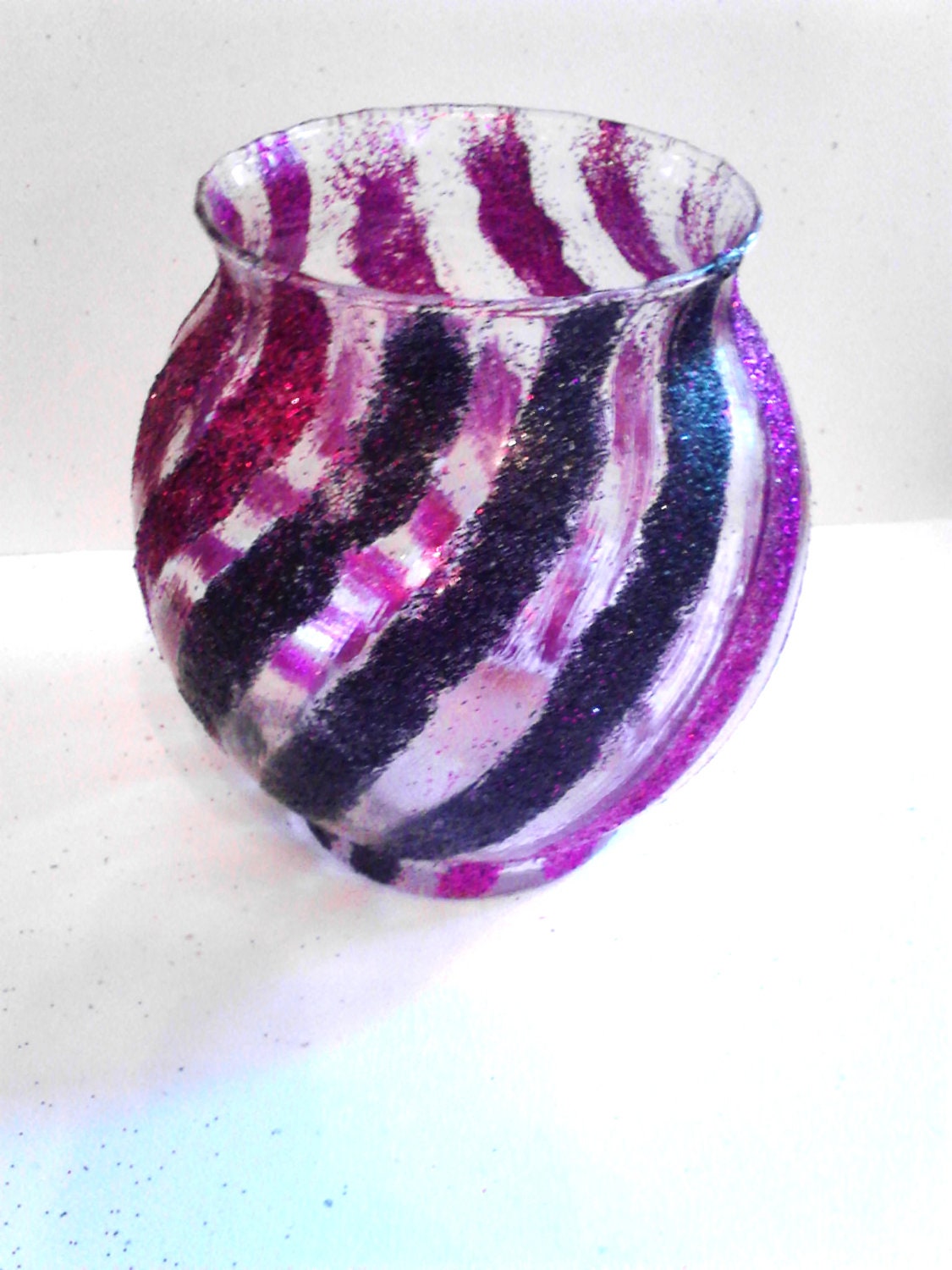 Sale 25% Off Glittered Glass Candle Holder Hot Pink and black Swirls