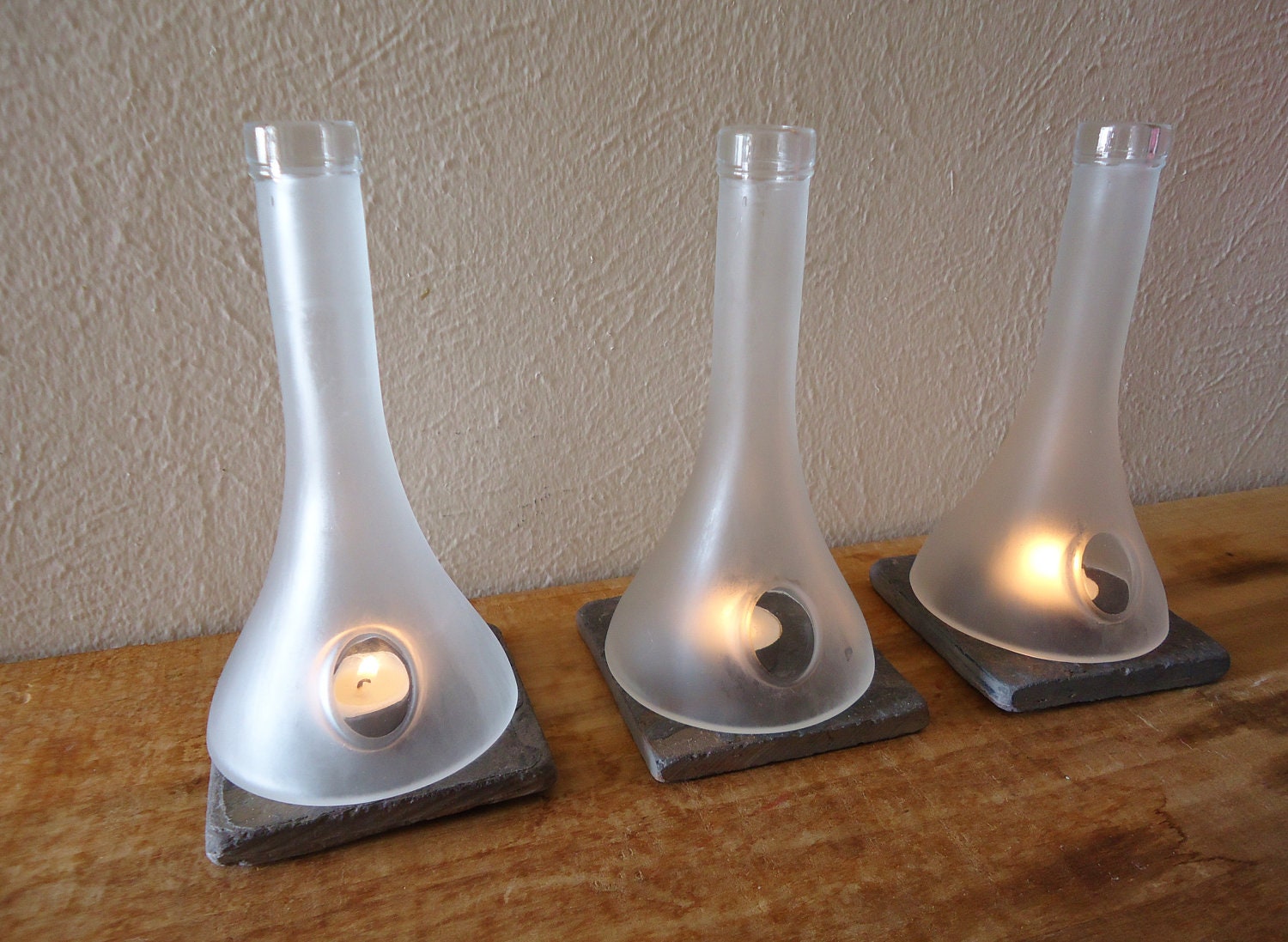 Tea Light Candle Holders Hurricane Lamps Lanterns Frosted made from Upcycled Cognac Bottles Set of 3