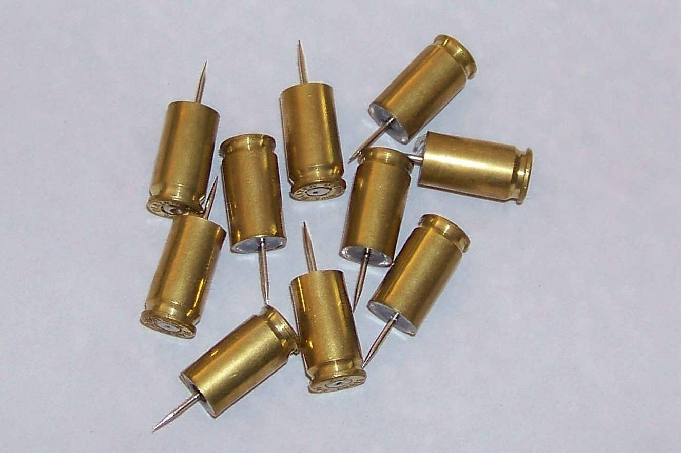 9mm Bullet Casing Thumb Tack Set of 10 Brass. by BullseyeBullets